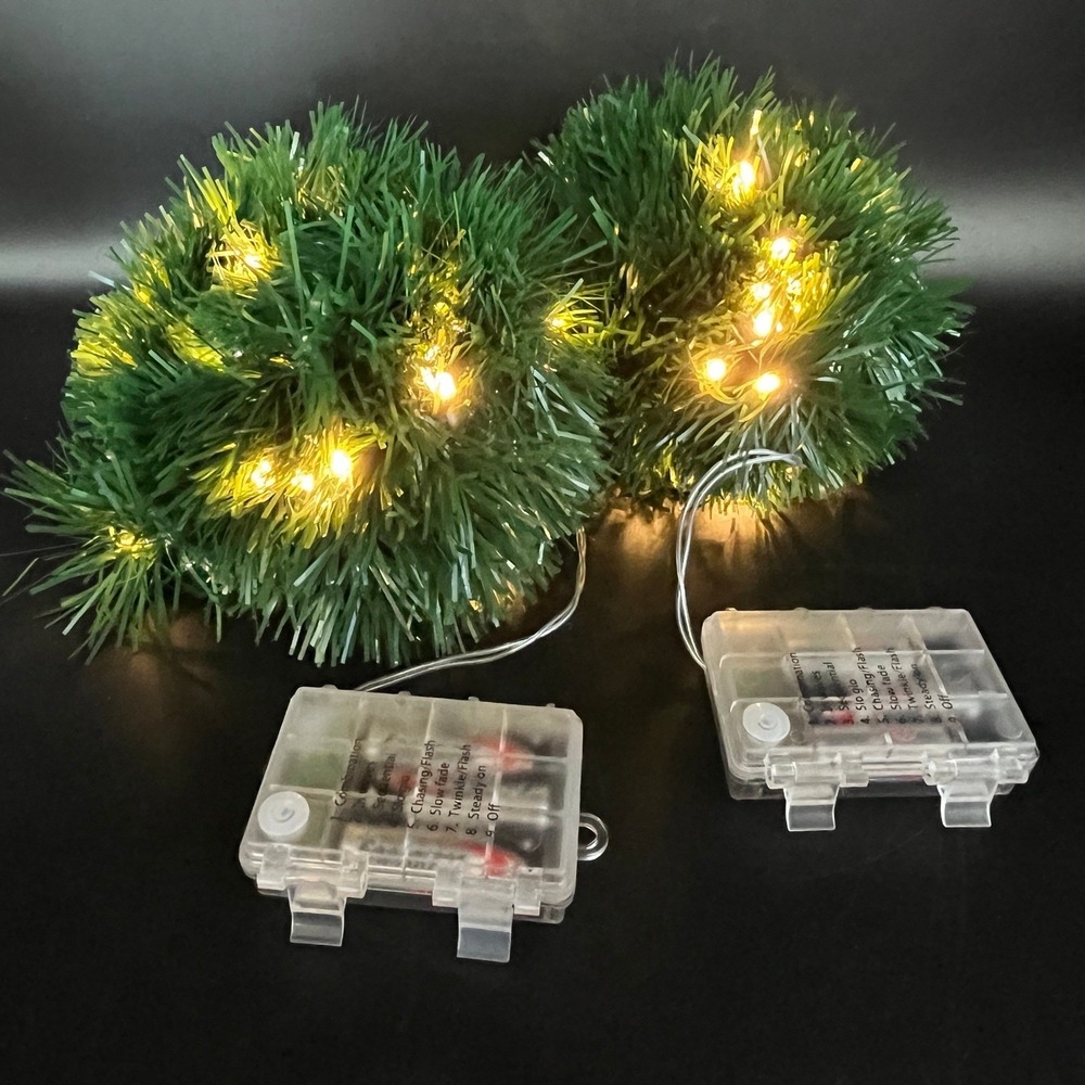 Box of 2 8' Green Garland White LED Lights Battery Operated 8 Mode Holiday Decor